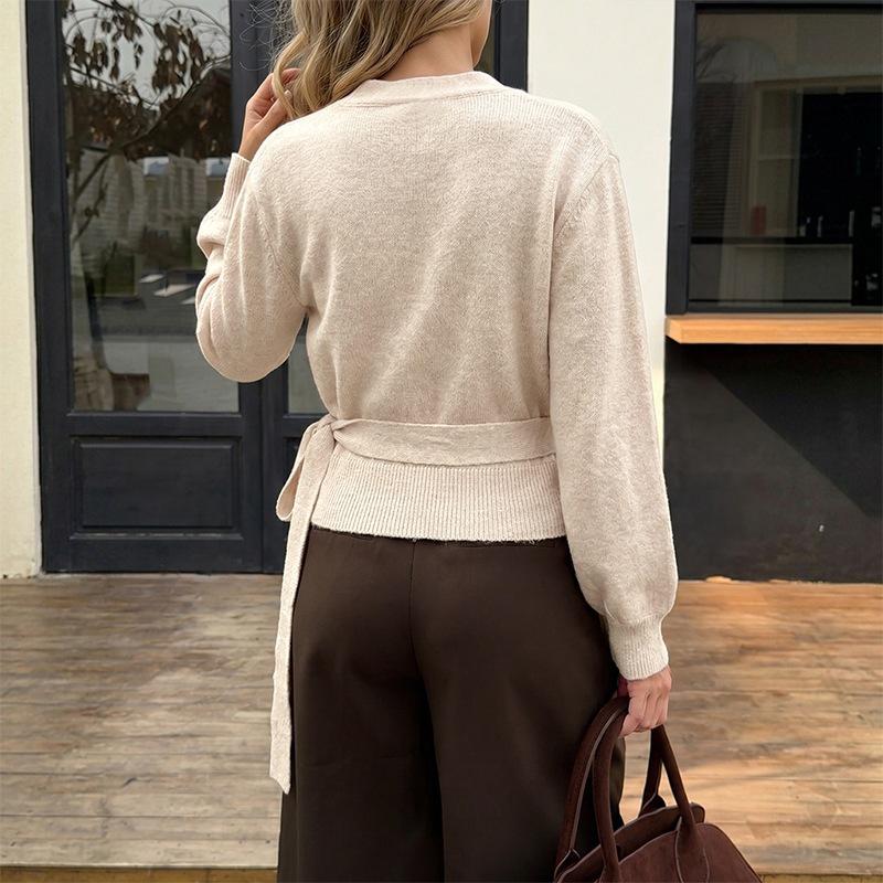 2026 Autumn/Winter V-Neck Slim Fit Tie-Up Long Sleeve Sweater