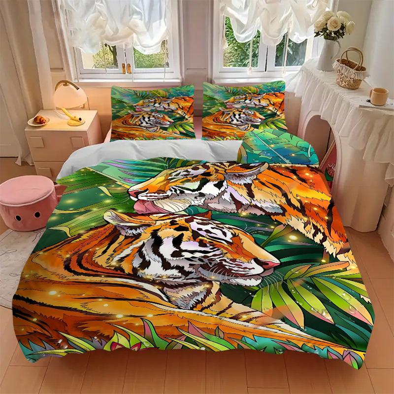 3pcs Tiger Print Duvet Cover Set - Machine Washable, Includes 1 Cover and 2 Pillowcases, No Core Included yy251013008