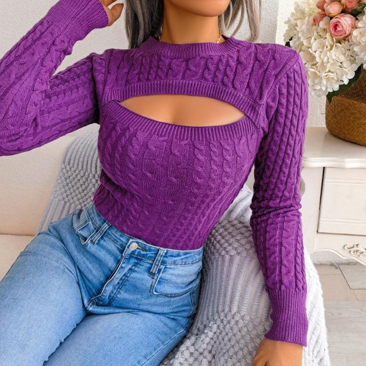 Fall Winter Women Slim Fit Long Sleeve Knitted Sweater Solid Color Cutout Twist All Match Tops