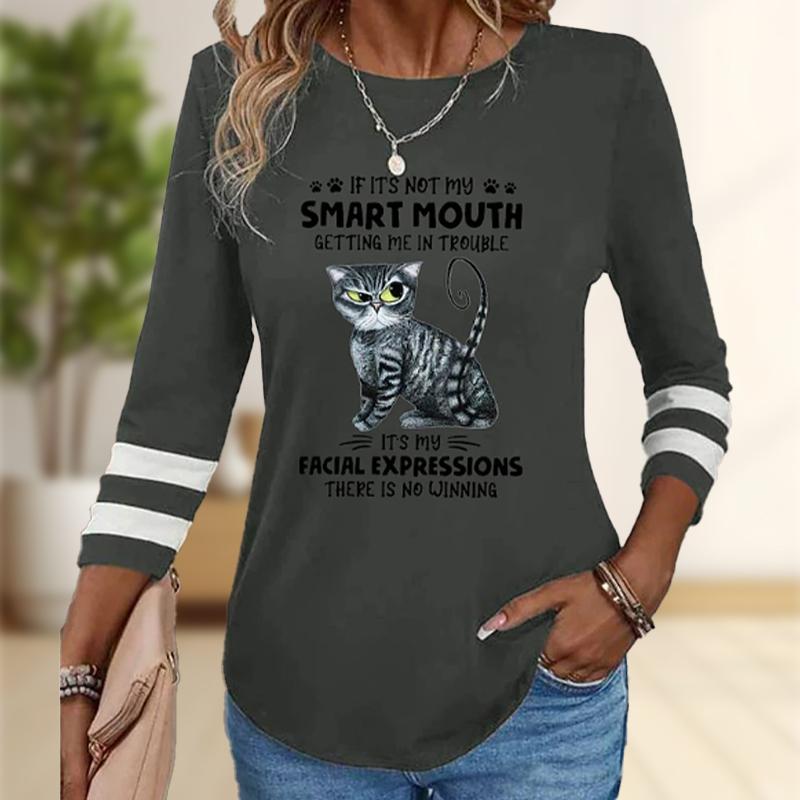 

Топы для женщин Doubtful Cat Print Round Neck Футболка с длинным рукавом Осенний повседневный тонкий пуловер Женский топ с длинным рукавом 8XL серый