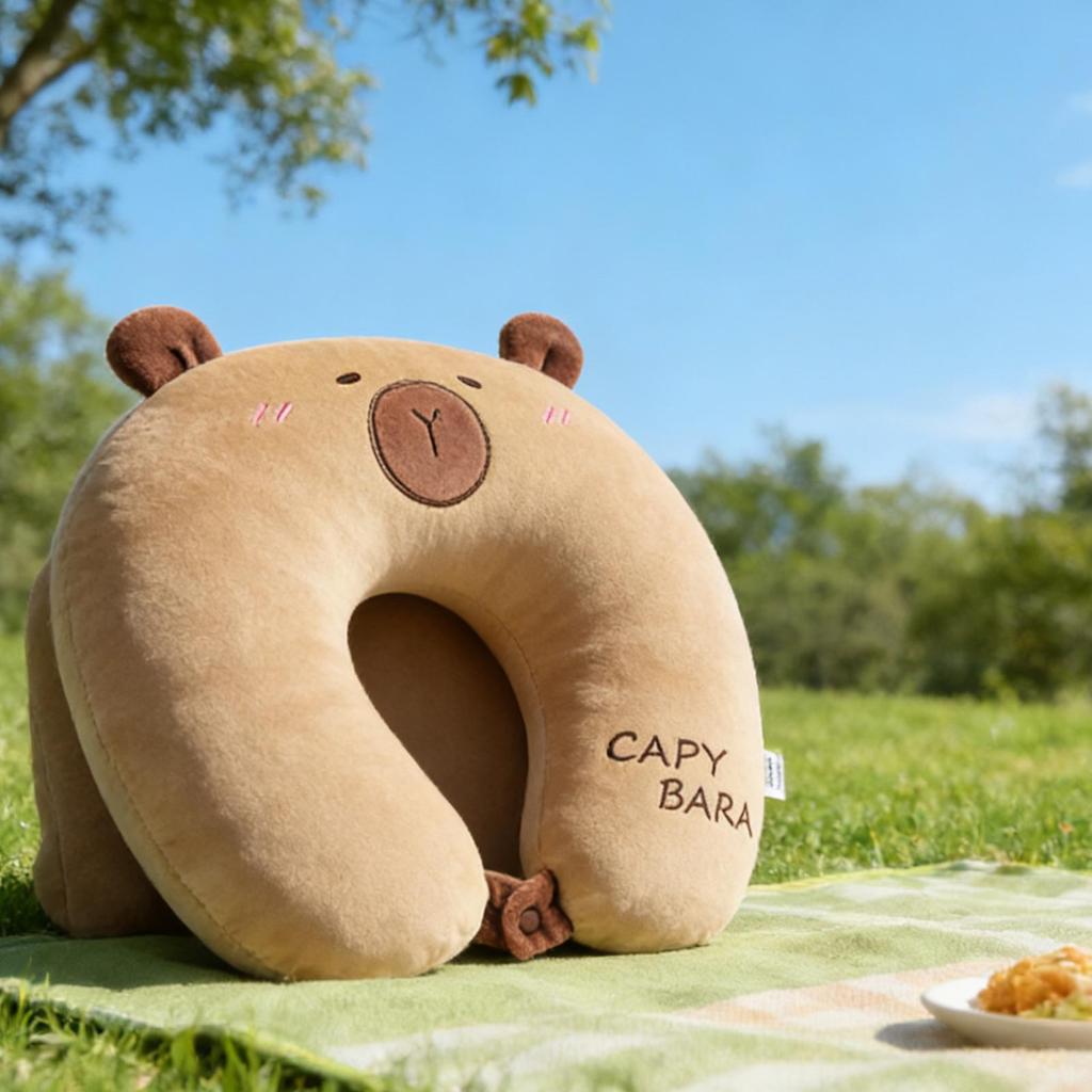 Nackenkissen Flugzeug 2 in 1 Capybara Plüsch Schlafkissen U-Form Nackenstütze Reisekissen für Erwachsene Kinder Flugzeug Auto