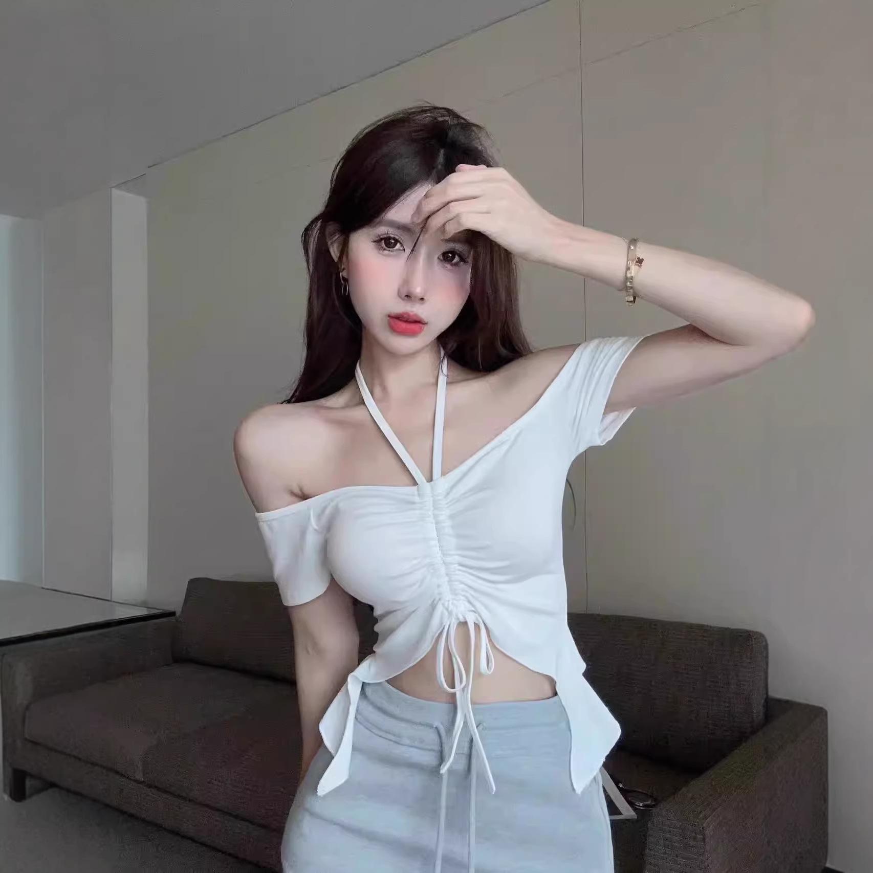Summer Sexy Spice Off-Shoulder Pleated Lace-Up Short Sleeve Shoulder Two Wear T-Shirt Women s Design Short Top S белый