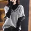 Women's Short Sleeve Knitted Vest Spring Fall Contrast V Neck Pullovers Jumper Loose Casual Ladies Gilet Sweater