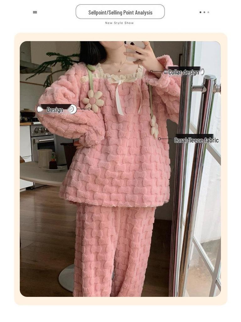 Women's Princess Style Coral Velvet Pajamas - Autumn Lace, Thick & Warm Home Suit