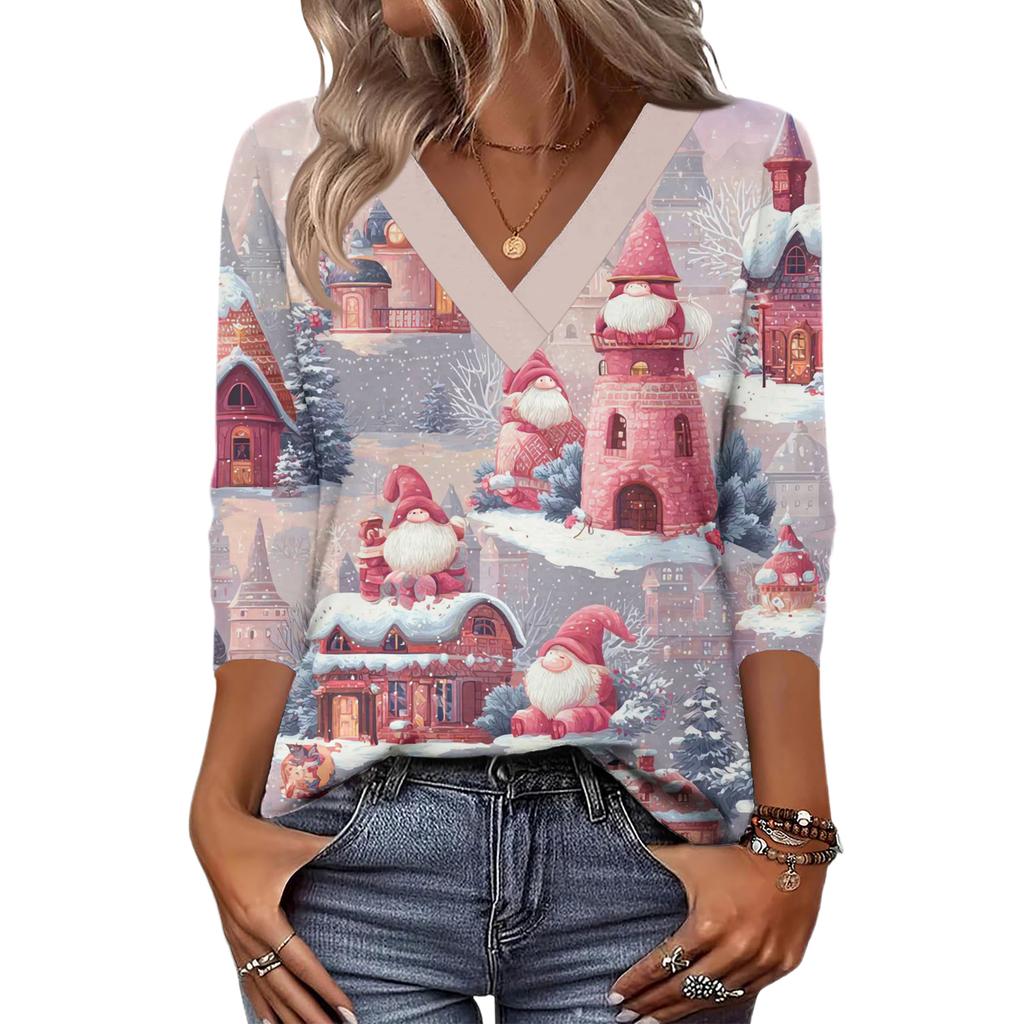 Women's Loose Comfortable Casual Fashion V-Neck Christmas Print 3/4 Sleeve Top