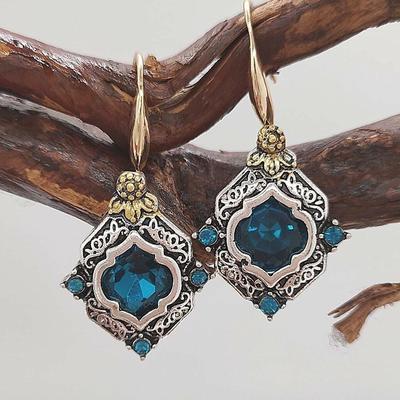 Women Zinc Alloy Retro Bohemia Gold Color Ear Hook Drop Blue Rhombus Glass  Earrings Wedding Party Jewelry Gift
