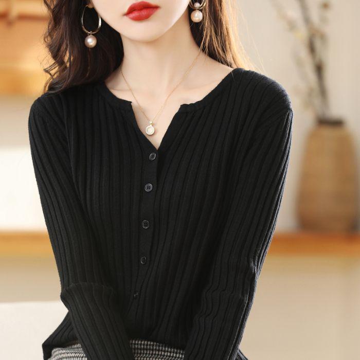 Damski kardigan swetrowy z dekoltem w serek, wyszczuplający, z długim rękawem, na jesień/zimę 2024