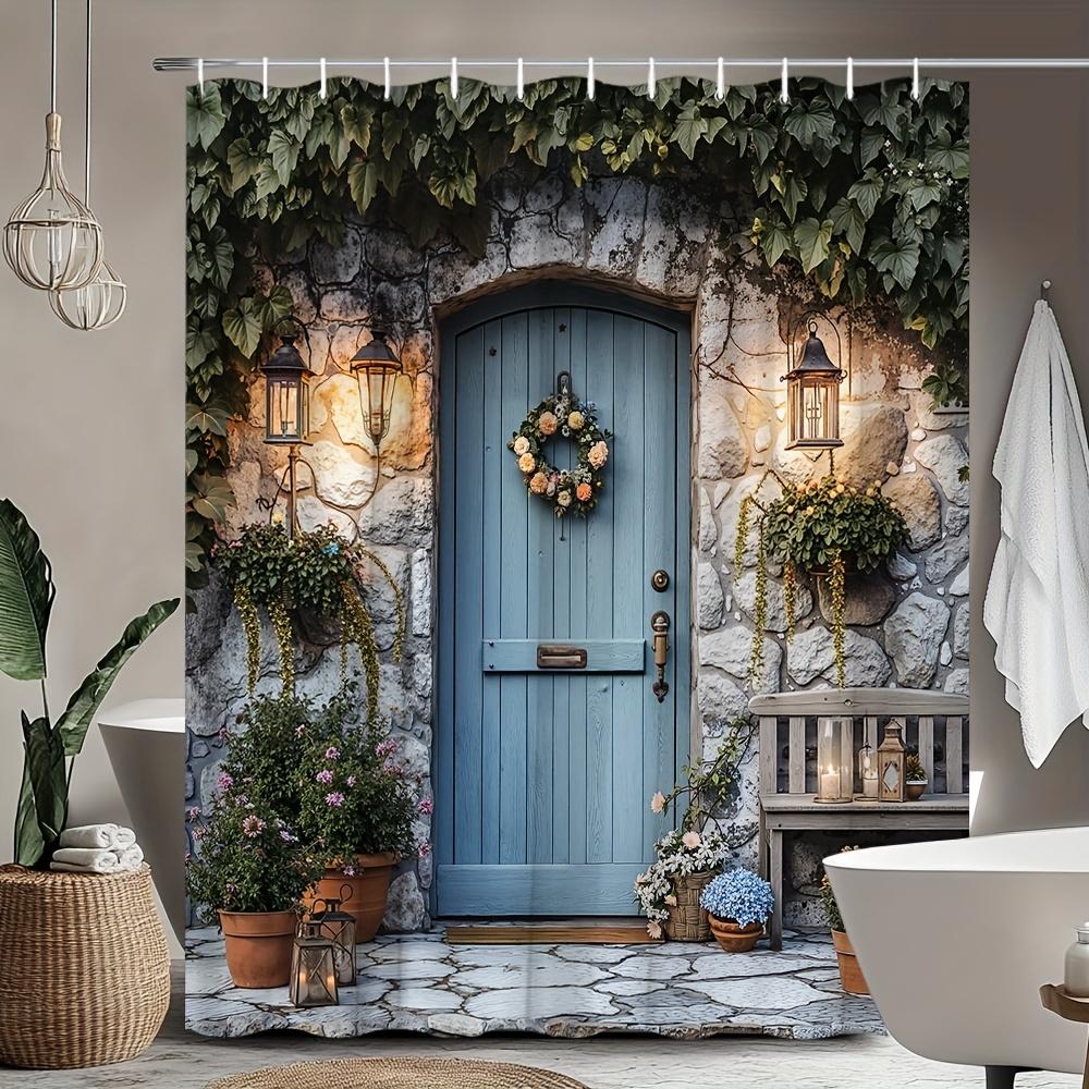 

Waterproof Shower Curtain Featuring A Rustic Blue Door With Stone Walls And Lush Greenery For A Cozy Cottage Bathroom W60H190(CM)-1 Pcs