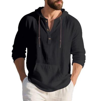 Men's Autumn and Winter New Linen Men's Long-sleeved T-shirt Loose Casual Simple Trend Home Hooded Henry Shirt