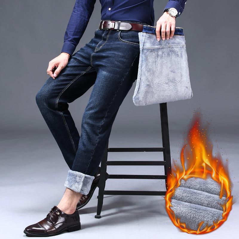 Winter Men 'S Fleece Black Blue Jeans Business Casual Warm Thicken Stretch Denim Trousers Male Brand Pants