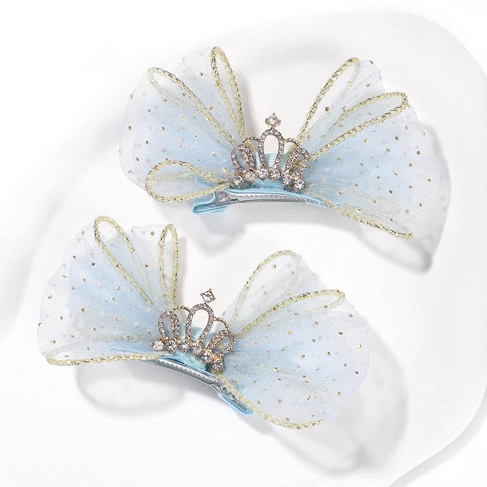 

2pcs Girls Hair Clips Lovely Organza Bow Hairpins For Kids Barrettes Zircon Crown Hair Ornaments Children Baby Hair Accessories