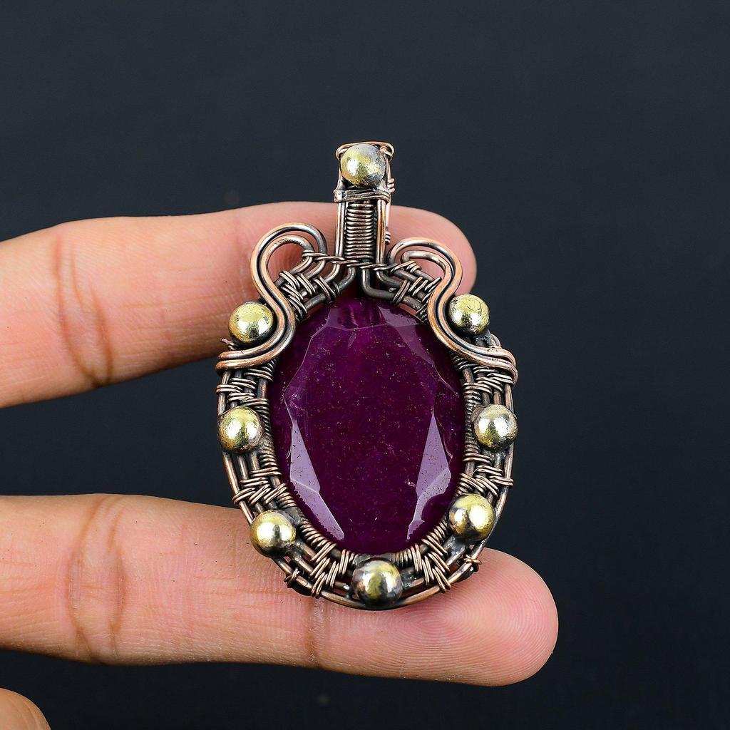 Lab-Created Ruby Gemstone Pure Copper Wire Wrapped Handmade Pendant Jewelry