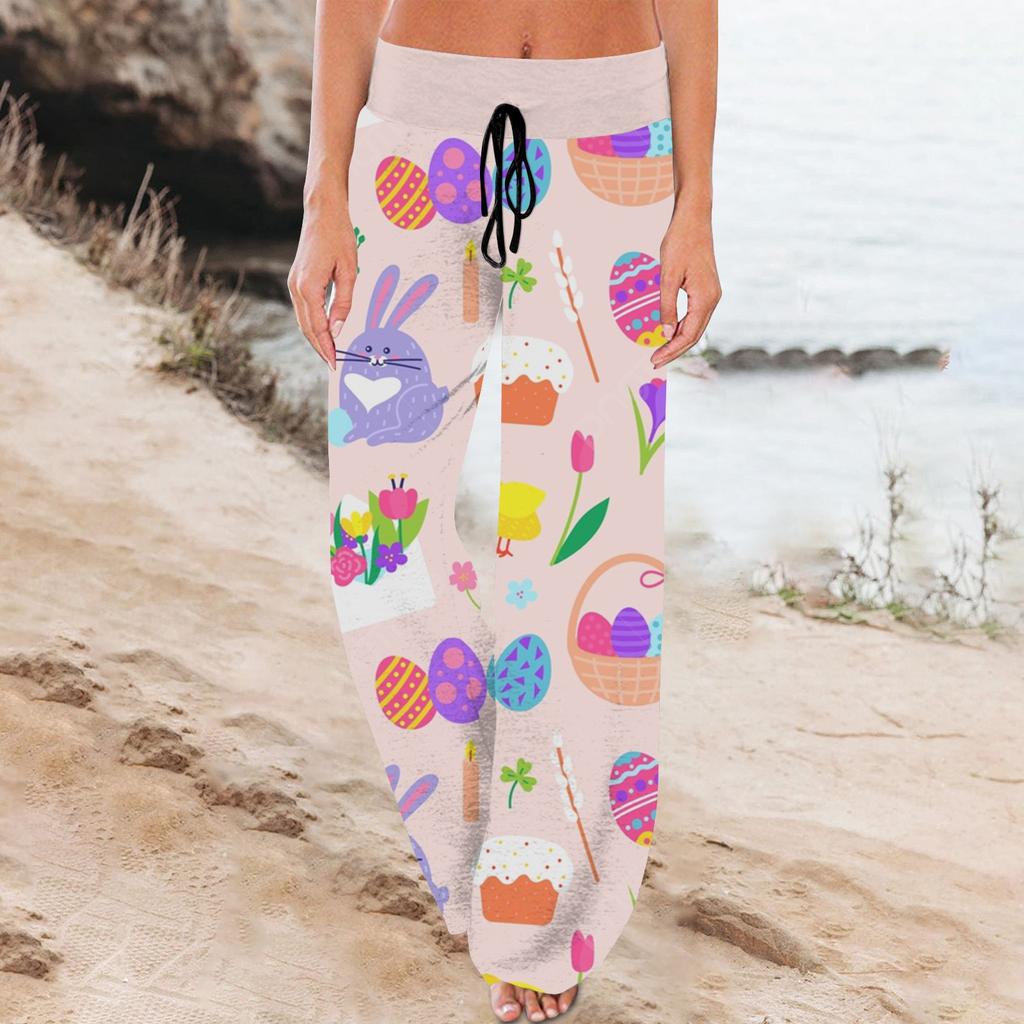 Damskie spodnie piżamowe w swobodnym stylu, z nadrukiem wielkanocnym, ze ściągaczem i szerokimi nogawkami