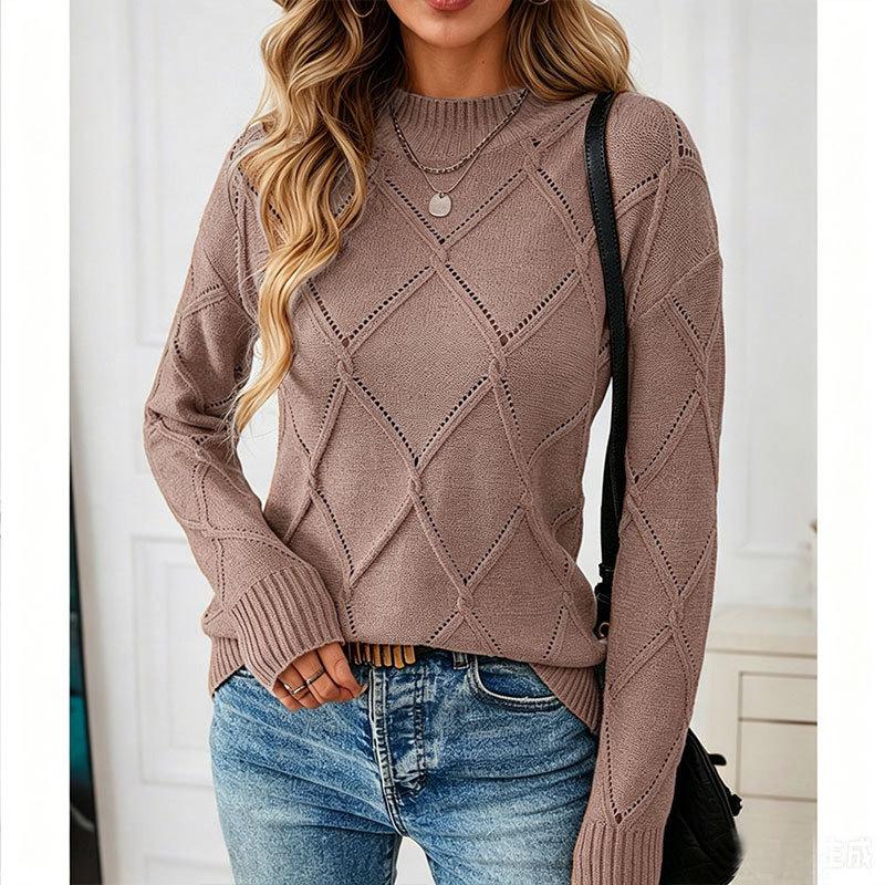 European and American Foreign Trade Women's Sweater, Solid Color Rhombus Hollow Round Neck Pullover Knitted Sweater Top Women