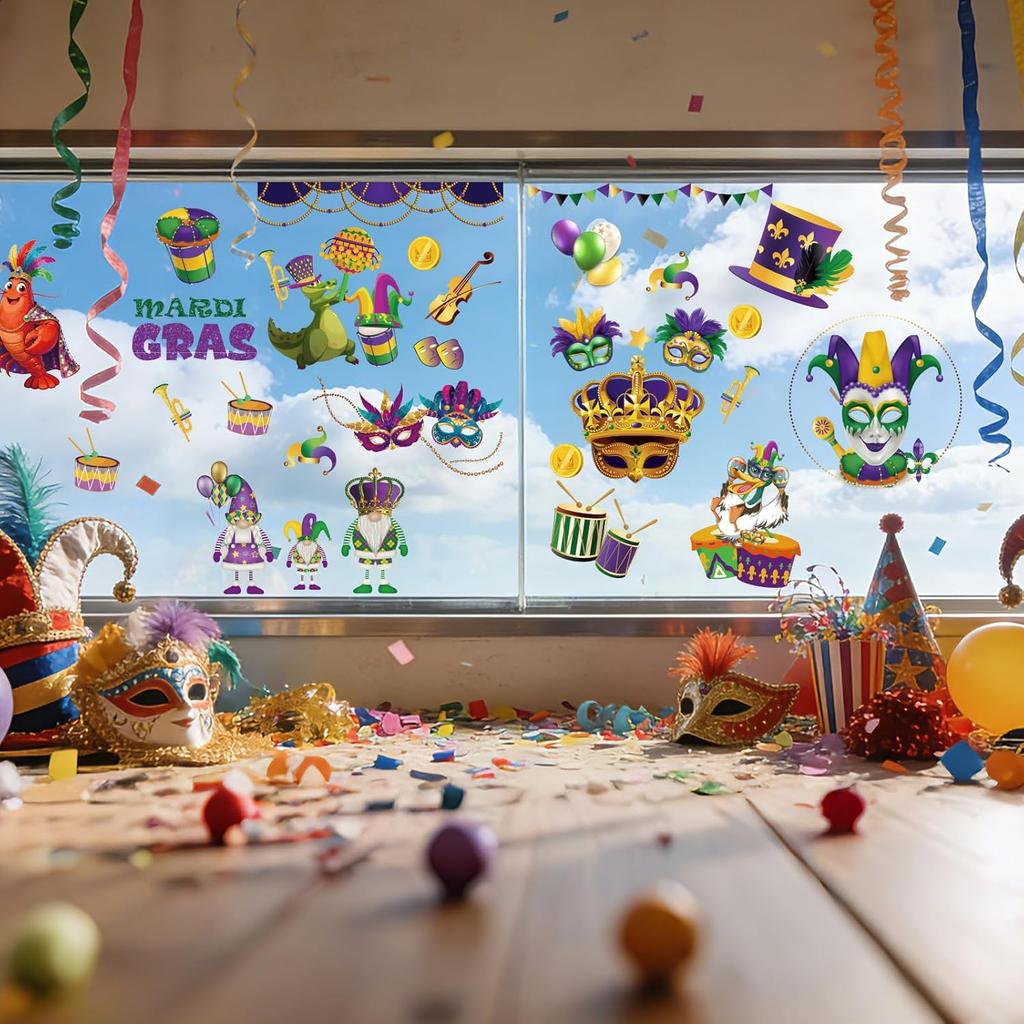 9 Sheet Mardi Gras Window Clings Mardi Gras Party Decorations Carnival Mask Fat Tuesday Lobster Reble Window Stickers Double-Sided for Masquerade