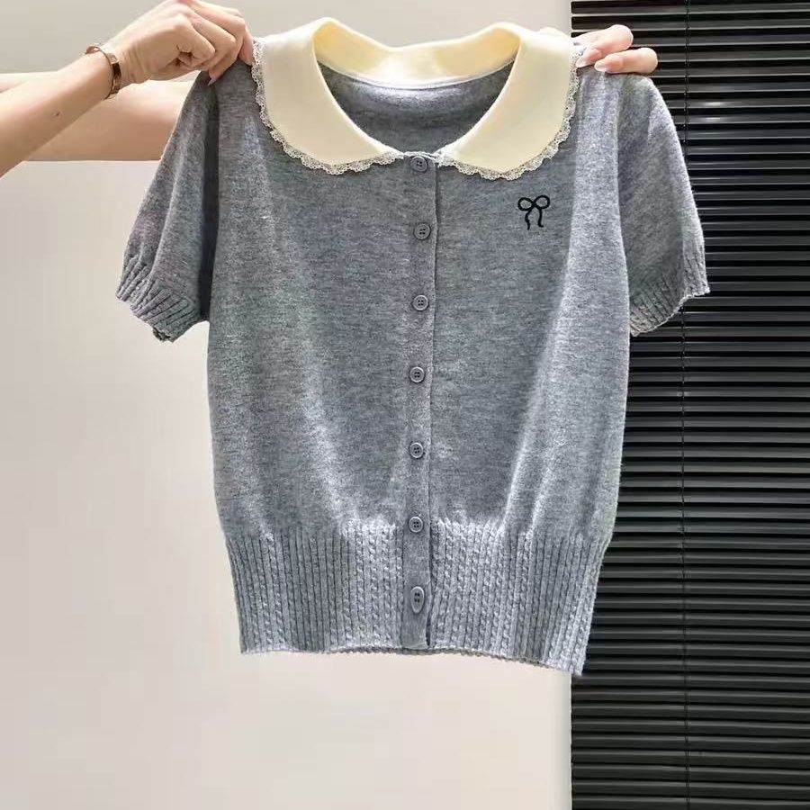 Summer New Style Bow-knitted Cardigan Casual Versatile Top Sweet Style Baby Doll Collar Short-sleeved Knitted Sweater for Women