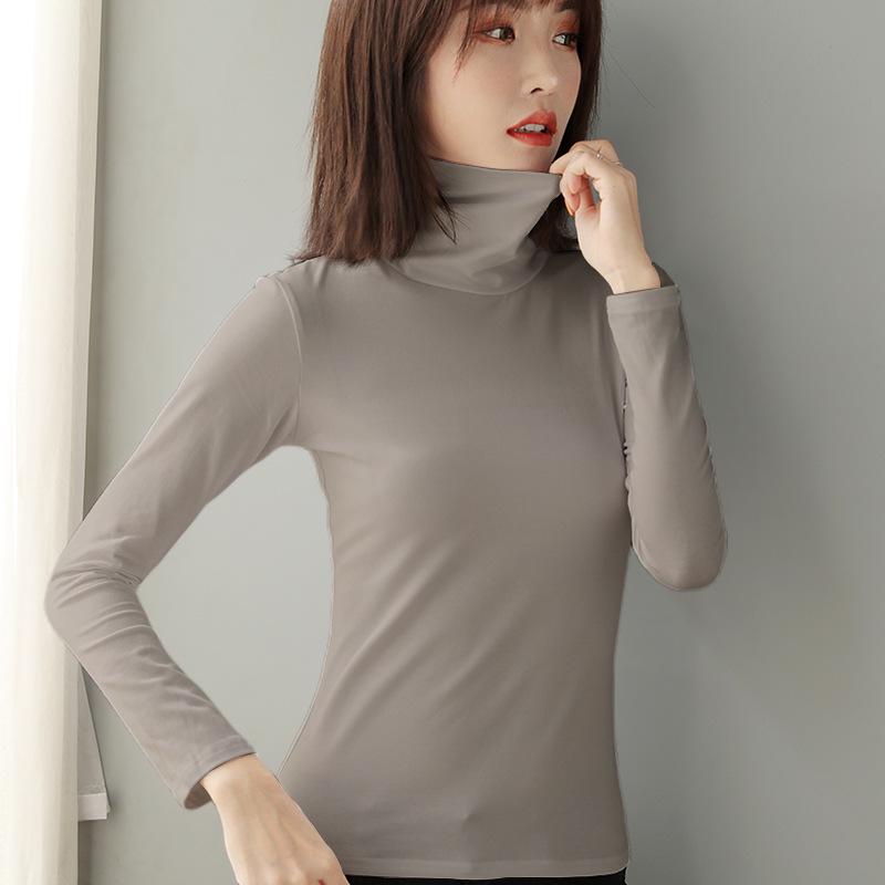 Women's Slim Fit High Collar Cotton Long Sleeve T-Shirt for Autumn and Winter