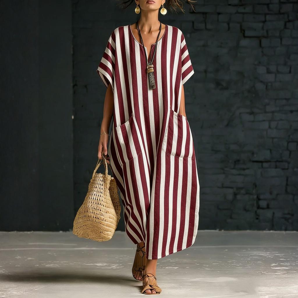 Locker sitzendes gestreiftes Kaftan-Kleid mit V-Ausschnitt und kurzen Ärmeln für Damen, lässiges langes Maxikleid mit Taschen