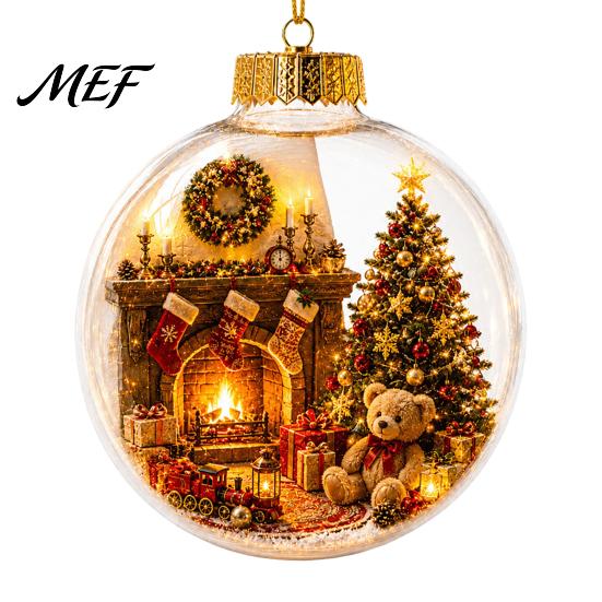 Christmas Party Hanging Trinkets Glowing Story Ornament, Mini Holiday Scene In Ball with Warm LED Ornaments Light, 3D Clear Acrylic Decoration