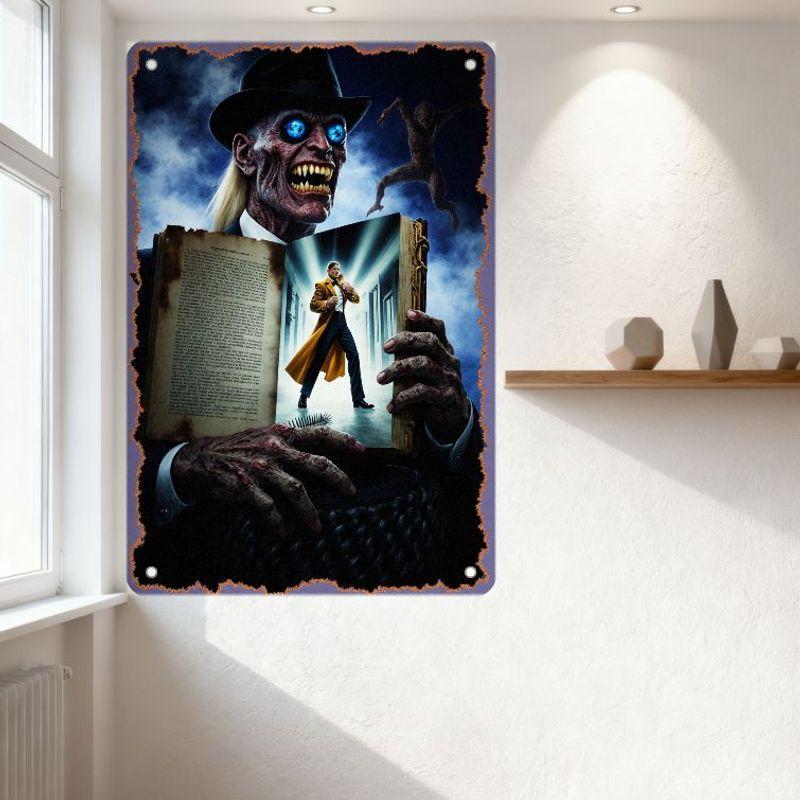 Monstrous Figure with Skeletal Hands Oversized Book Vintage Spooky Supernatural Metal Tin Sign for Home Decor