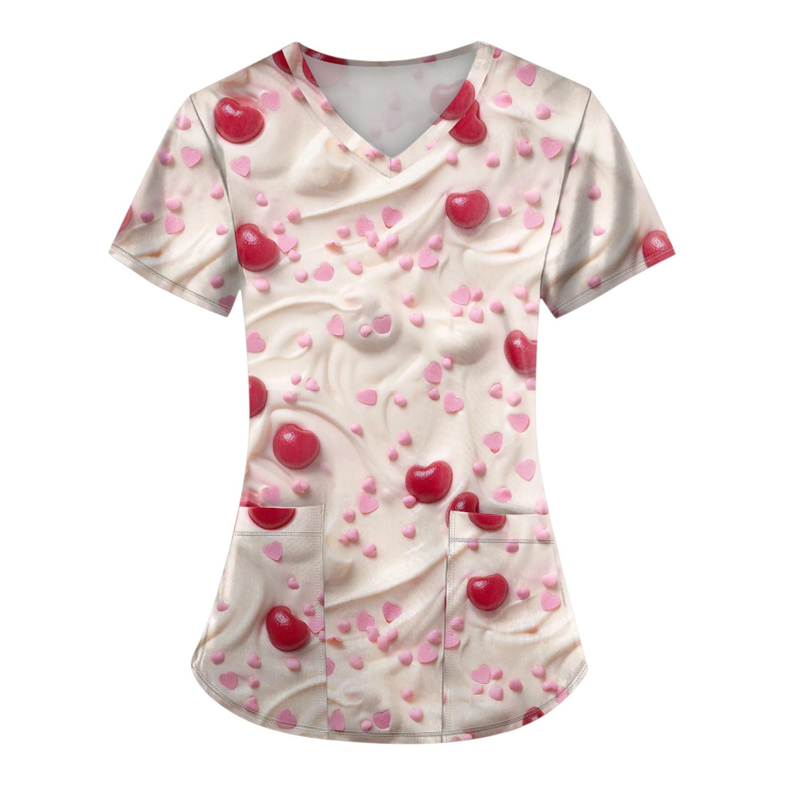 Женские модные топы с короткими рукавами и V-образным вырезом с принтом, рабочие футболки с карманами S красный