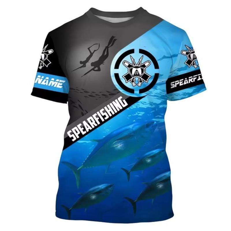 Fish Print Men's Outdoor Fishing Suit Casual Round Neck T-shirt Harajuku Short Sleeved Shirt