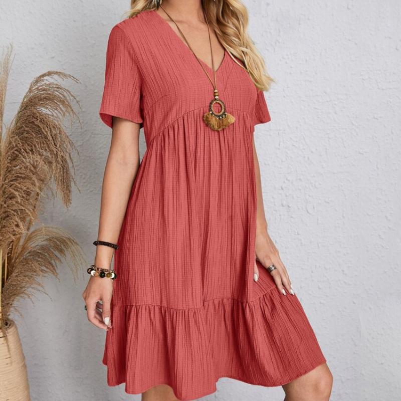 Women's Fashion Summer Spring Solid Color Print Short Sleeve V-Neck High Waist Casual Dresses