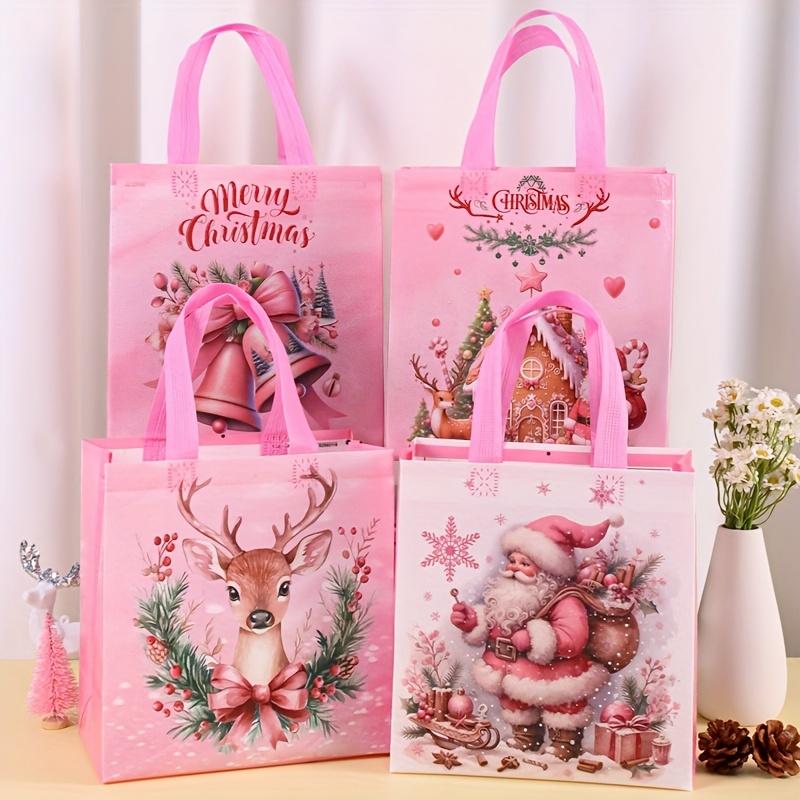 4/8pcs Pink Christmas Tote Bags with Handles,Santa Claus Elk Bell Pattern Reusable Gift Bag,Grocery Shopping Bag,Pink Packaging