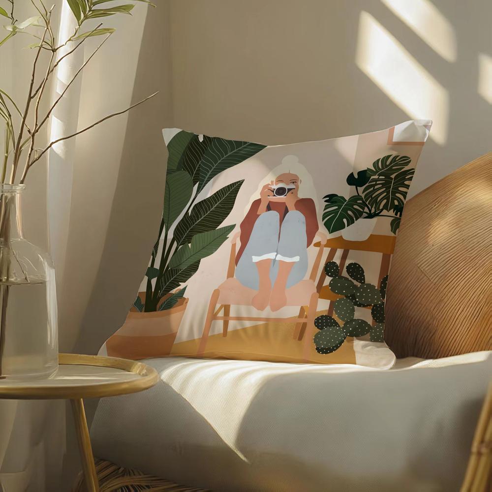 Elegant Simple Flower-Growing Girl Pillow Case Pattern Printed Pillowcase For Living Room Sofa Cushion Cover & Bedroom Decor