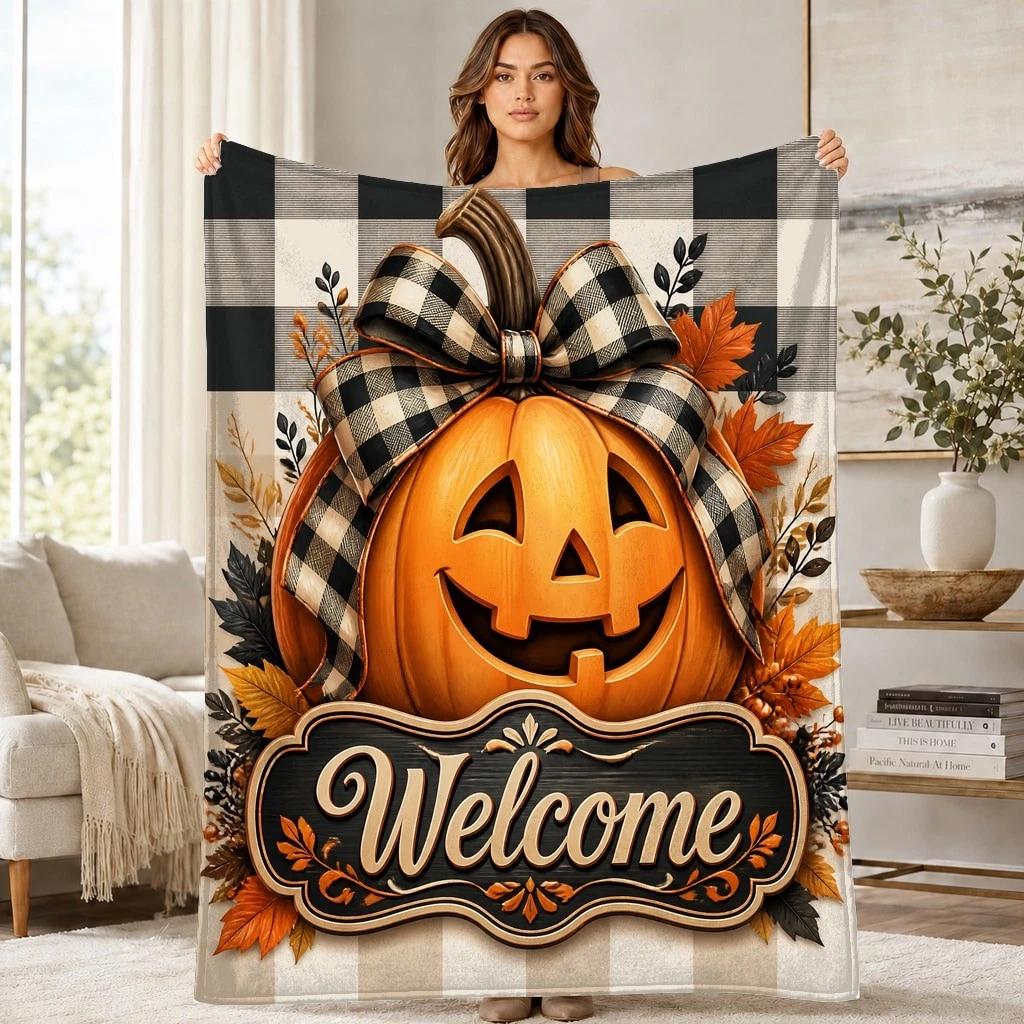 Welcome Jack O Lantern Bow Coral Fleece Blanket Halloween Decor