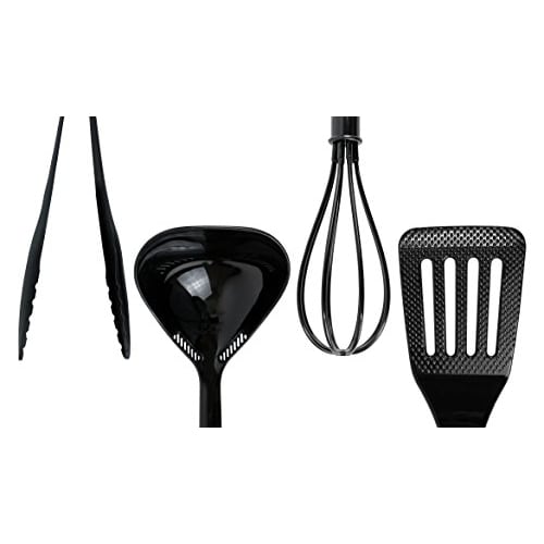 [BLKP] Sada 4 kusů kuchyňského náčiní Pearl Metal (Černá, G-8126) - Vyrobeno v Japonsku: Stěrka, Naběračka, Kleště a Metlička, Nylon. Limitovaná edice.