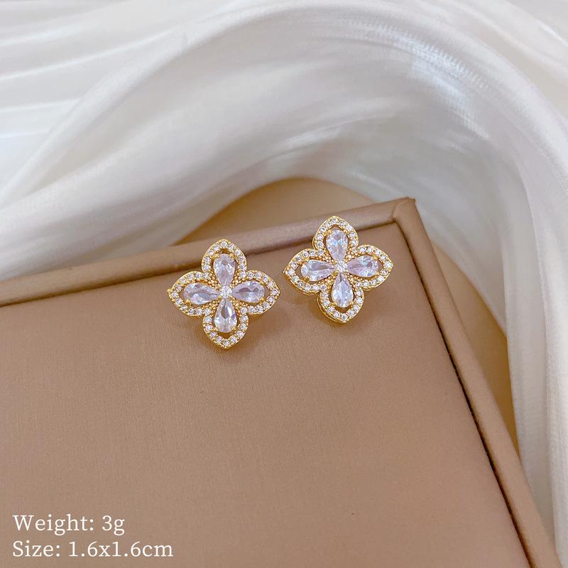 Necklace Earrings Set Light Luxury Full Diamond Four-Leaf Flower Zircon Personality Temperament Banquet Earrings Necklace Group