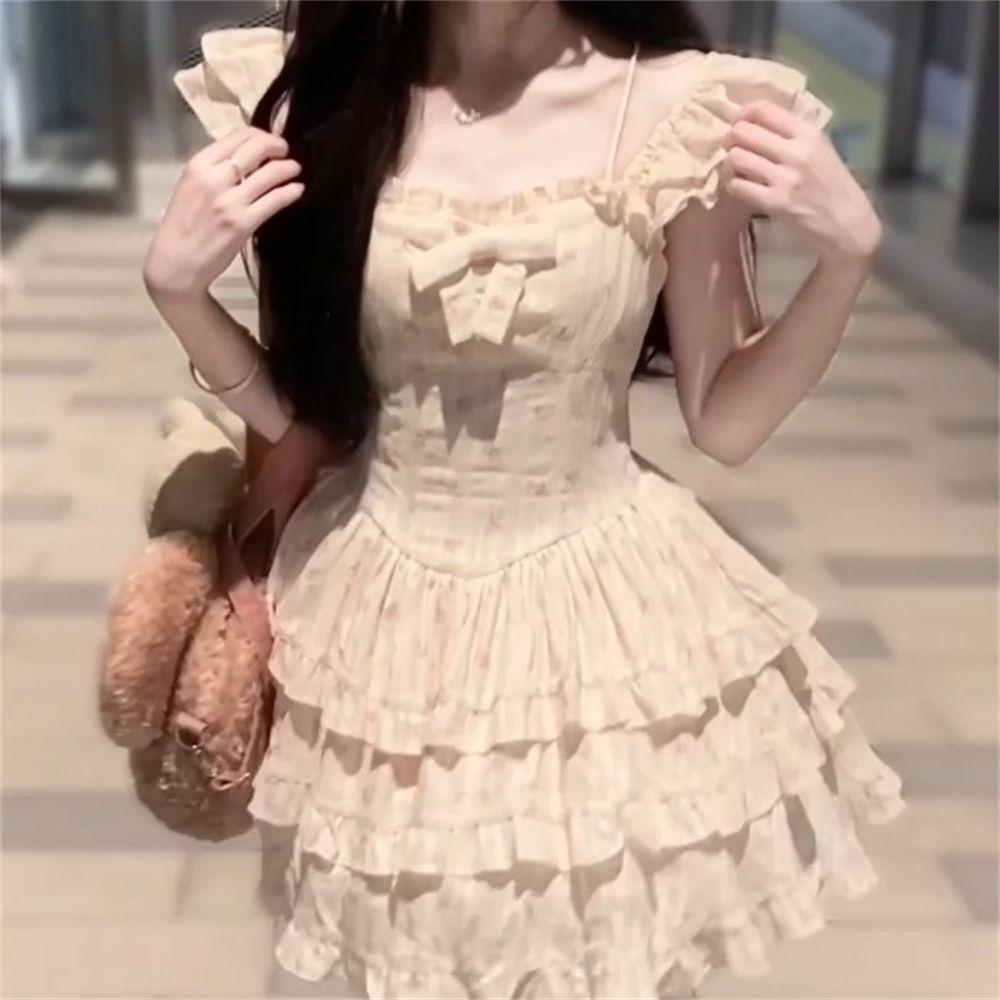 Sweet floral square neck dress women's summer new Korean version slimming temperament Japanese puffy skirt
