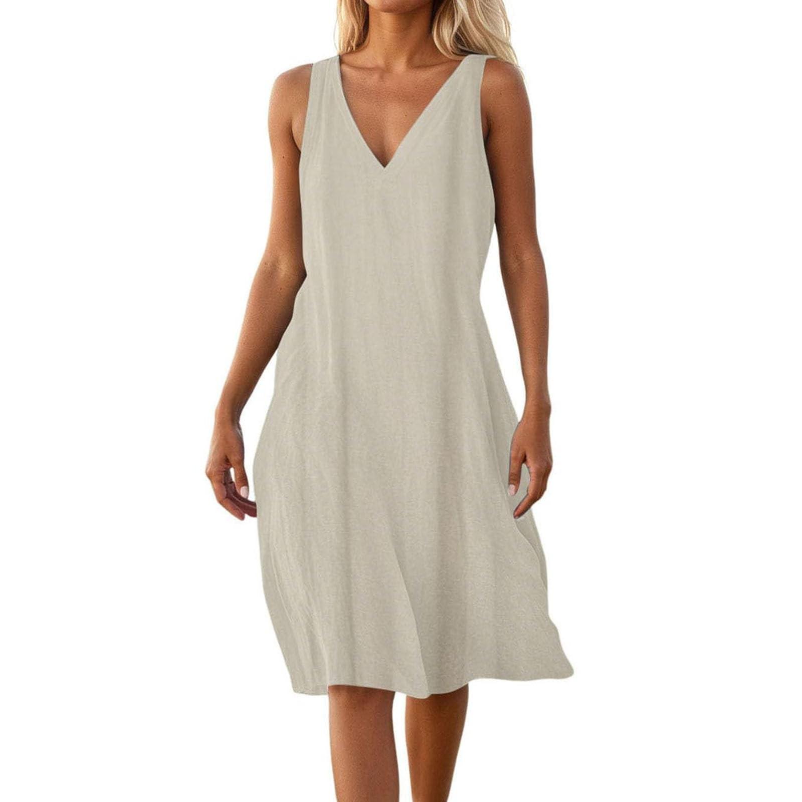 

Women s Fashion Casual Loose V-Neck Flowy Sleeveless A-Line Midi Dress S хакі