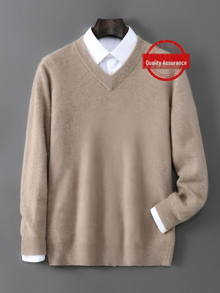Men’s Pure Wool V-neck Pullover - Casual Loose Knitwear for Autumn/Winter