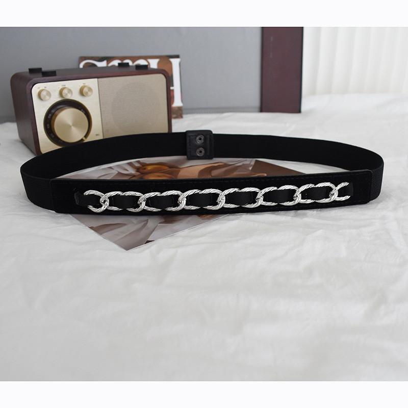 

Fashionable Elastic Stretch Waist Belt For Women In Black With Chain Decoration And Stylish Design Black Silver Chain
