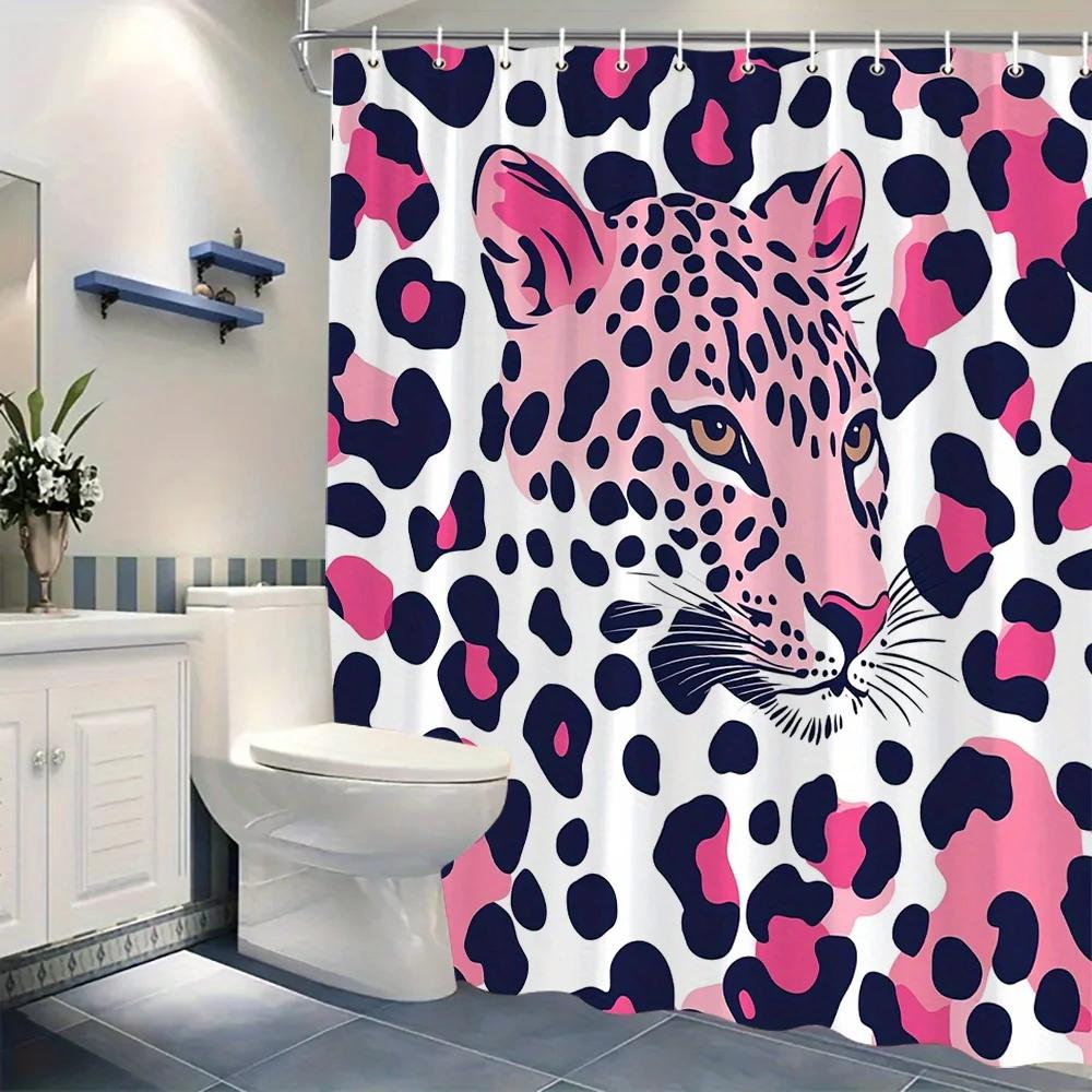 Leopard Head & Spots Shower Curtain - Pink & White Leopard, Yellow Eyes, Black Spots, Minimalist Design, Machine Washable