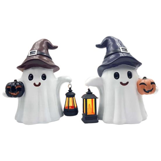 Solar Cute Ghost Statue Halloween Desktop Ornament Weather-Resistant Handmade Resin Pumpkin Ghost Figure with Light