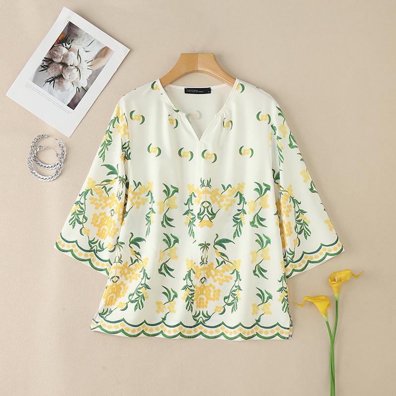 ZANZEA Women Casual V-Neck 3/4 Sleeve Loose Floral Print Blouse