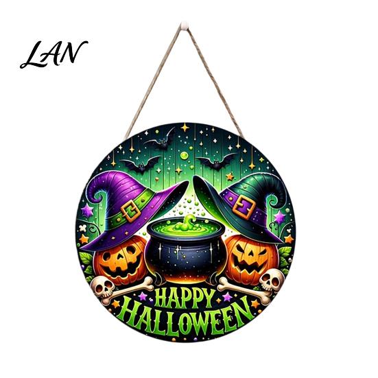 Halloween Gift for Friends Happy Front Door Hanging Sign, Retro Round Witch Hat Magic Cauldron Horror Fantasy Dark Theme Decor Wooden Welcome Pendant