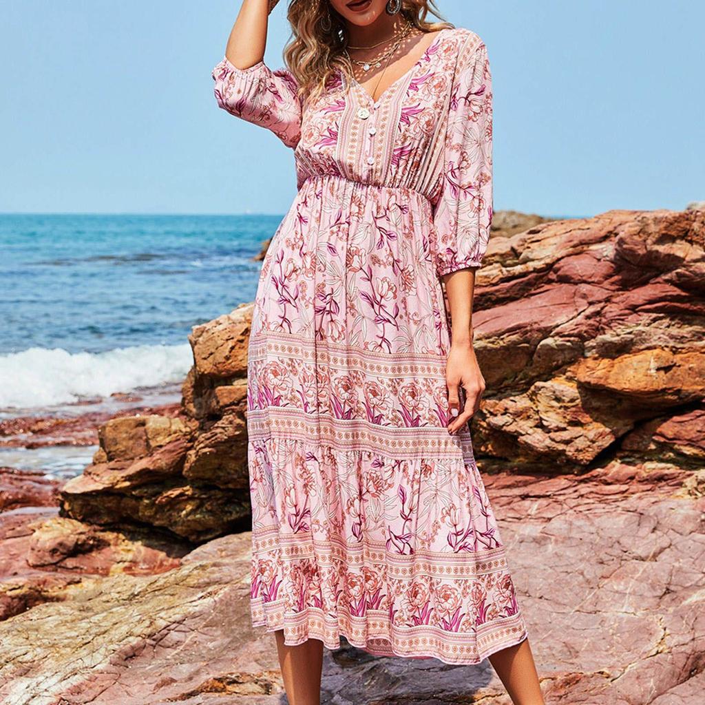 Damen Bedrucktes V-Ausschnitt Pullover Böhmisch Lässig Locker Dreiviertelärmel Kleid