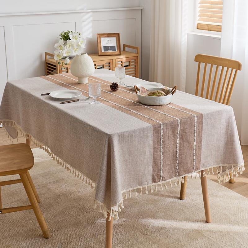 ZISIZ Rectangular Tassel Cotton Linen Tablecloth