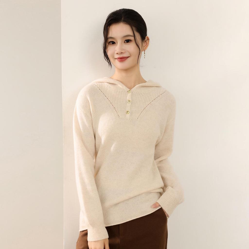 Women's 100% Pure Wool Half-Zip Hooded Sweater with Gold Buttons - New Autumn/Winter Fashion