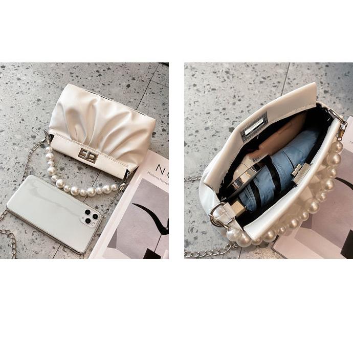 WTEMPO Frauen Vintage Perlen Dekoration Handtasche Weibliche Einfarbig Unterarm Kette Tasche Einzelnen Schulter Party Tasche