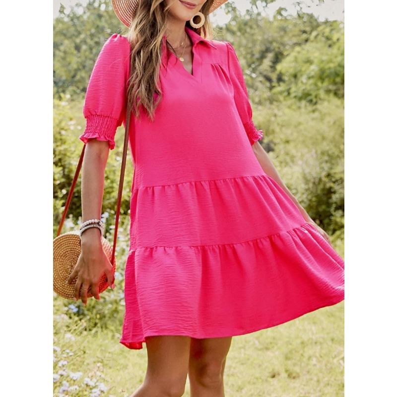 Spring and Summer Pleated V-neck Solid Color Patchwork Sleeved Dress