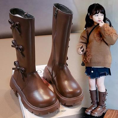 Botas de princesa para meninas, cor sólida, versátil, botas longas para crianças com laços, outono de 2024, nova moda, botas de cano médio com zíper lateral