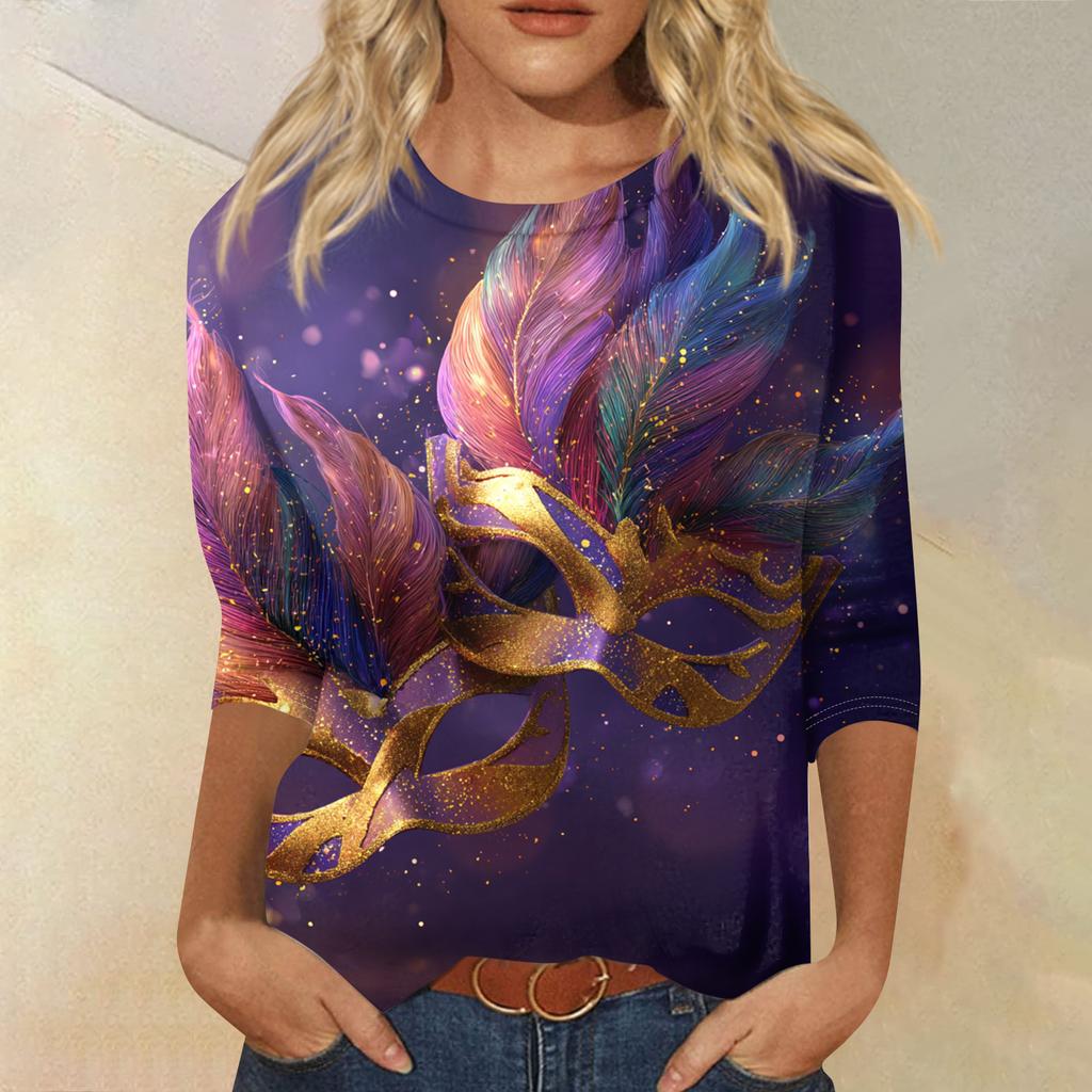 Dámské módní ležérní tričko s kulatým výstřihem a tříčtvrtečním rukávem s potiskem karnevalu