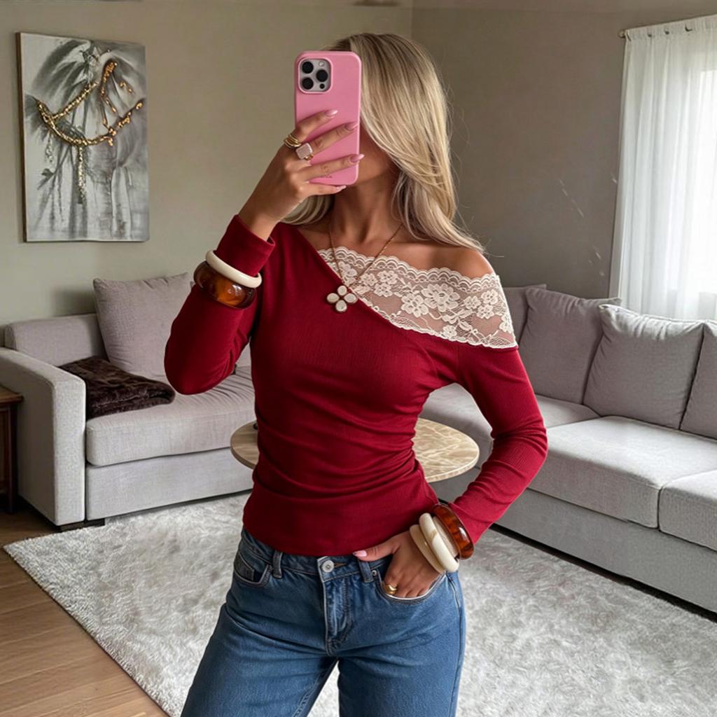 Women's Lace Panel One-Shoulder Off-the-Shoulder Long Sleeve Base Layer T-Shirt for Casual Wear