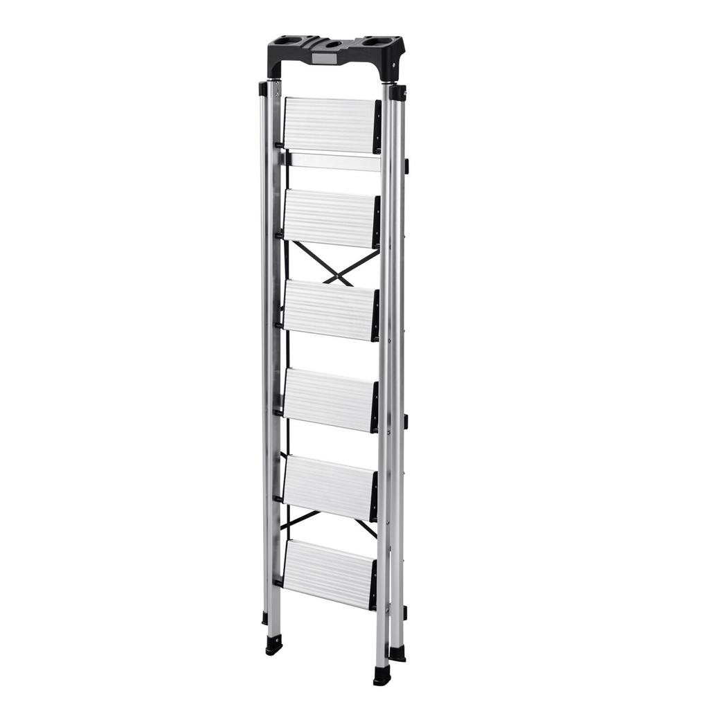 6 Step Ladder, Folding Step Stool with Wide Anti-Slip Pedal and Comfort Handgrip, 150 kg Capacity Portable Aluminum Stepladder, Multi-Use for Kitchen,