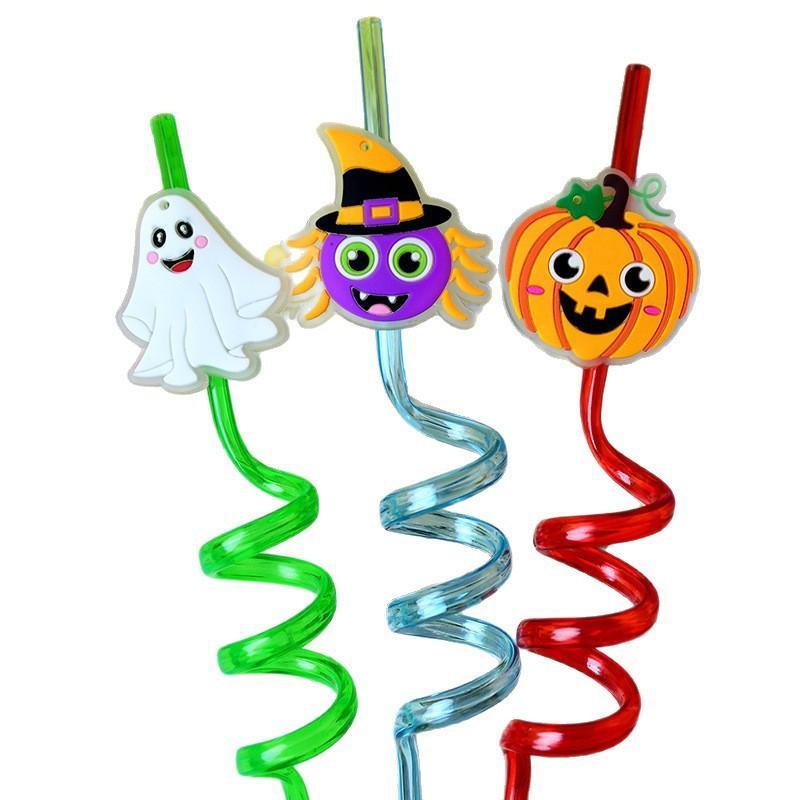 1Pcs Luminous Halloween Spiral Drinking Straws With Bats Ghost Pumpkin Witch Patterns Goodie Gifts For Kids Halloween Party